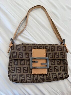 Fendi Zucchino Mini Baguette Brown Canvas Leather Shoulder Bag